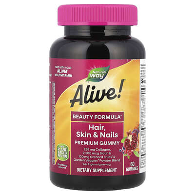 Alive!® витамины для волос, кожи и ногтей, клубника, 60 мармеладок