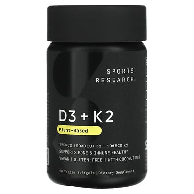 D3 + K2, Plant-Based, 125 mcg/100 mcg, 60 Veggie Softgels