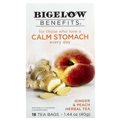 Benefits®, Calm Stomach Herbal Tea, Ginger & Peach, Caffeine Free, 18 Tea Bags, 1.44 oz (40 g)