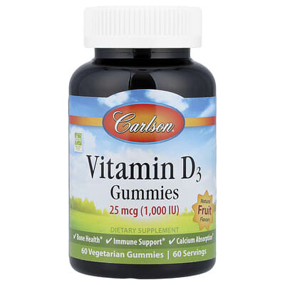 Vitamin D3 Gummies, Natural Fruit, 25 mcg (1,000 IU), 60 Vegetarian Gummies