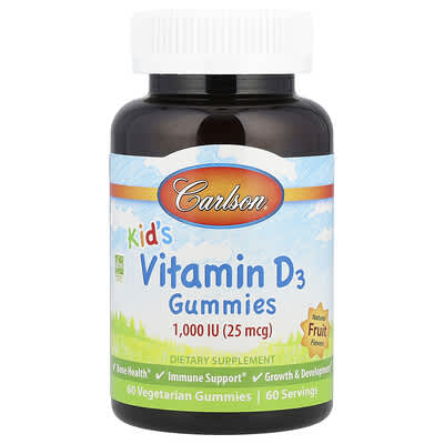 Kid's, Vitamin D3 Gummies, Natural Fruit, 25 mcg (1,000 IU), 60 Vegetarian Gummies