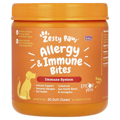 Zesty Paws Лакомства Allergy & Immune для собак, все возрасты, ягненок, 90 мягких жевательных таблеток 11.1 oz (315 g)