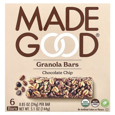 Organic Chewy Granola Bars, Chocolate Chip, 6 Bars, 0.85 oz (24 g) Each