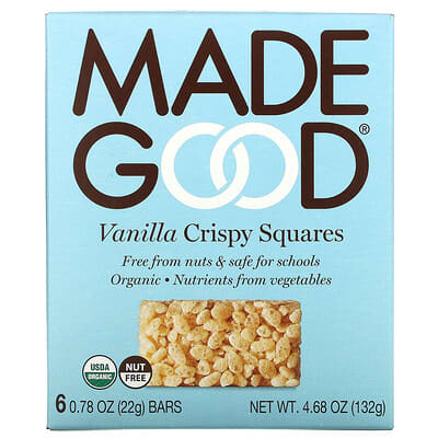 Organic Crispy Squares, Vanilla, 6 Bars, 0.78 oz (22 g) Each