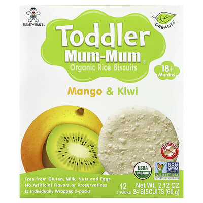 Toddler Mum-Mum®, органическое рисовое печенье, 18+ месяцев, манго и киви, 12 упаковок по 2 шт.