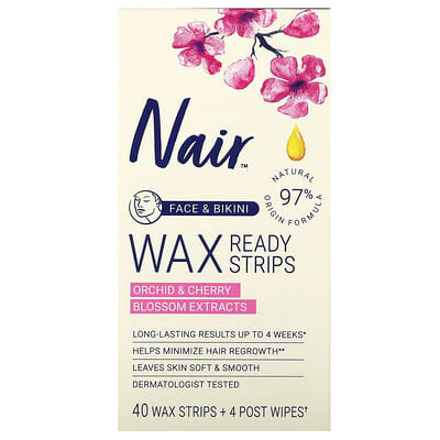 Wax Ready Strips, Face & Bikini, Orchid & Cherry Blossom Extracts, 40 Wax Strips + 4 Post Wipes