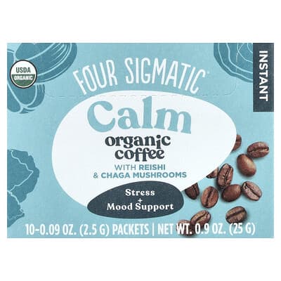 Instant Organic Coffee with Reishi & Chaga Mushrooms, Calm, Medium Roast, 10 Packets, 0.09 oz (2.5 g) Each