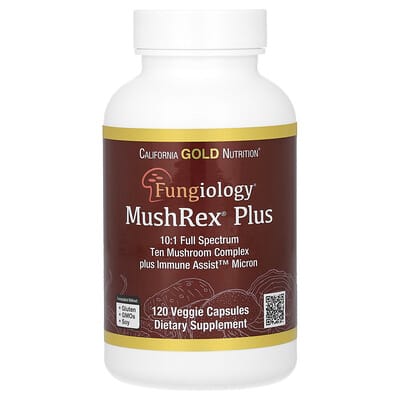 Fungiology, MushRex Plus, Full-Spectrum Ten Mushroom Complex with Agaricus, Chaga, Cordyceps, and Lion's Mane, 120 Plantcaps