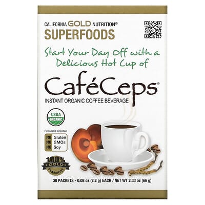 CafeCeps®, Certified Organic Instant Coffee with Cordyceps, and Reishi Mushroom Powder, 30 Packets, 0.08 oz (2.2 g) Each