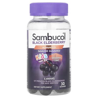 Kids Black Elderberry Gummies + Vitamin C  + Zinc, Ages 2+, 30 Gummies