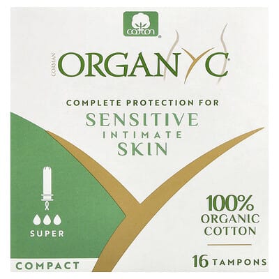 Organic Cotton Tampons, Compact, Super, 16 Tampons