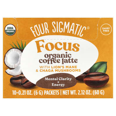 Focus, Organic Coffee Latte with Lion's Mane & Chaga Mushrooms, 10 Packets, 0.21 oz (6 g) Each