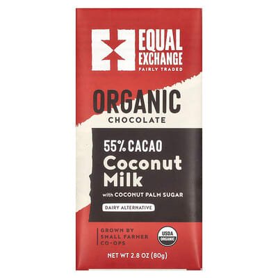 Органический шоколад с кокосовым молоком Equal Exchange, с кокосовым тростниковым сахаром, 55% Cacao, 2.8 oz (80 g)
