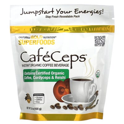 CafeCeps®, Certified Organic Instant Coffee с органическим порошком Cordyceps и Reishi, 3.5 oz (100 g)