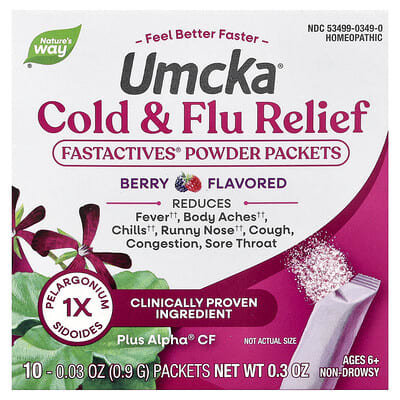 Umcka®, Cold + Flu Relief Fastactives® Powder Packets, Ages 6+, Berry, 10 Packets, 0.03 oz (0.9 g) each