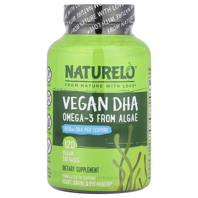 NATURELO Vegan DHA, Омега-3 из водорослей, 120 веганских мягких капсул (400 mg на капсулу)