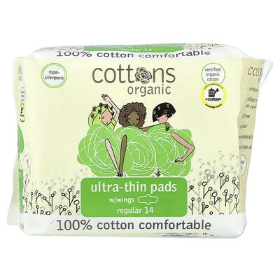 100% Cotton Comfortable, Ultra-Thin Pads with Wings, Regular, 14 Pads