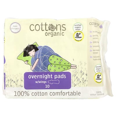 Organic, Overnight Pads with Wings, Heavy, Unscented, 10 Pads