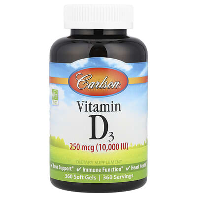 Витамин D3, 250 mcg (10,000 IU), 360 мягких капсул