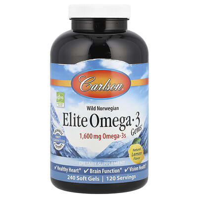Дикий норвежский Elite Omega-3 Gems®, натуральный лимонный вкус, 240 мягких гелевых капсул