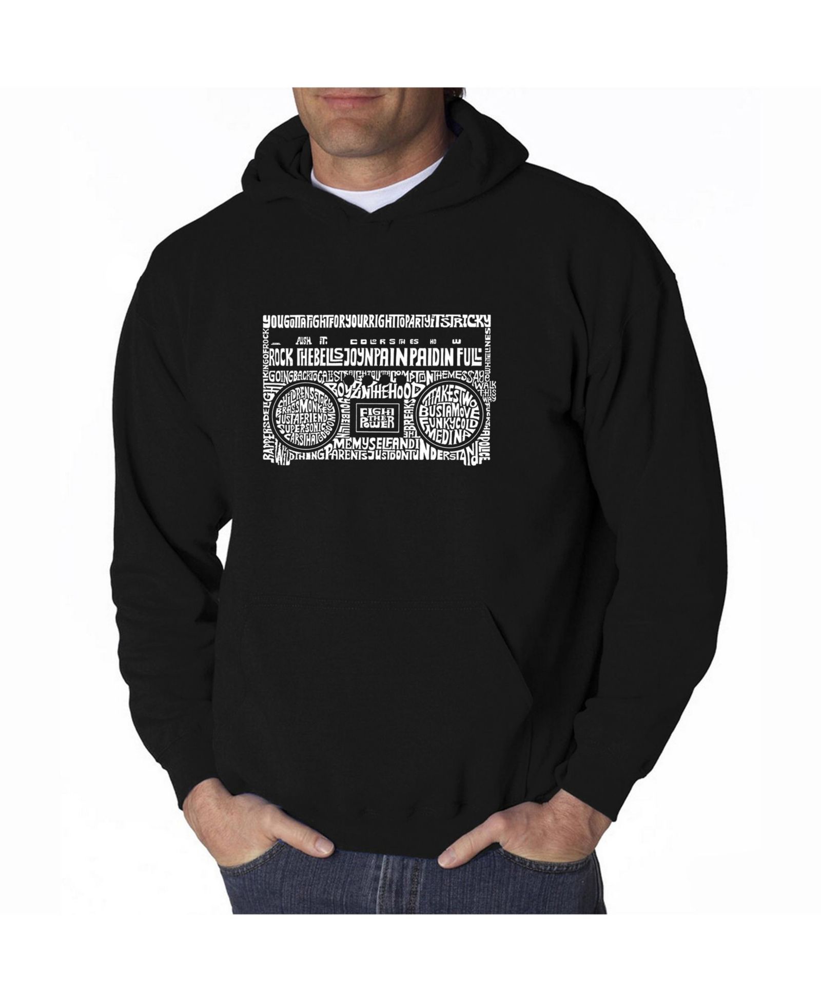 LA Pop Art Men's Word Art Hooded Sweatshirt - Greatest Rap Hits of The 1980's