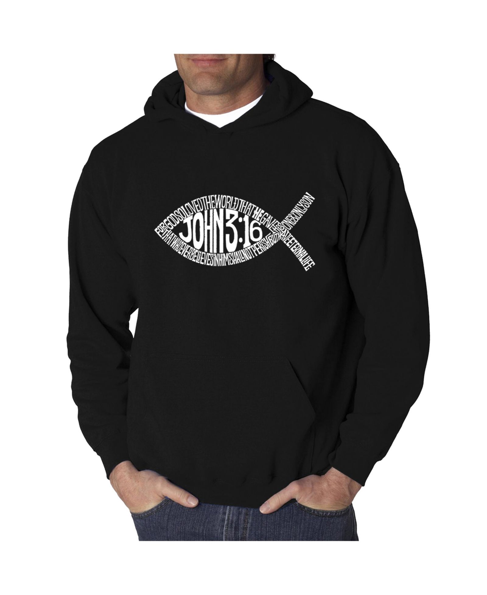 LA Pop Art Men's Word Art Hooded Sweatshirt - John 3:16 Fish Symbol