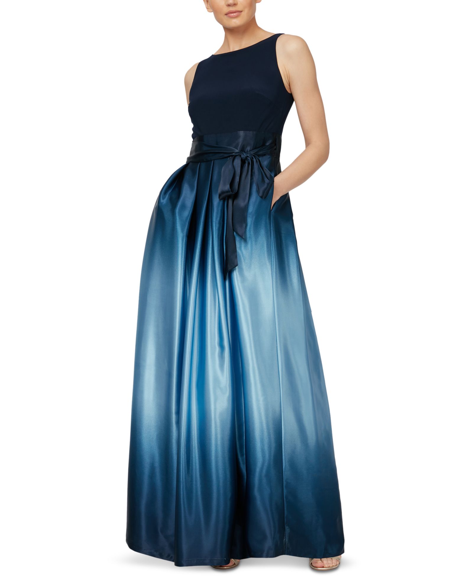 SL Fashions Petite Ombré Satin Bow Sash Gown
