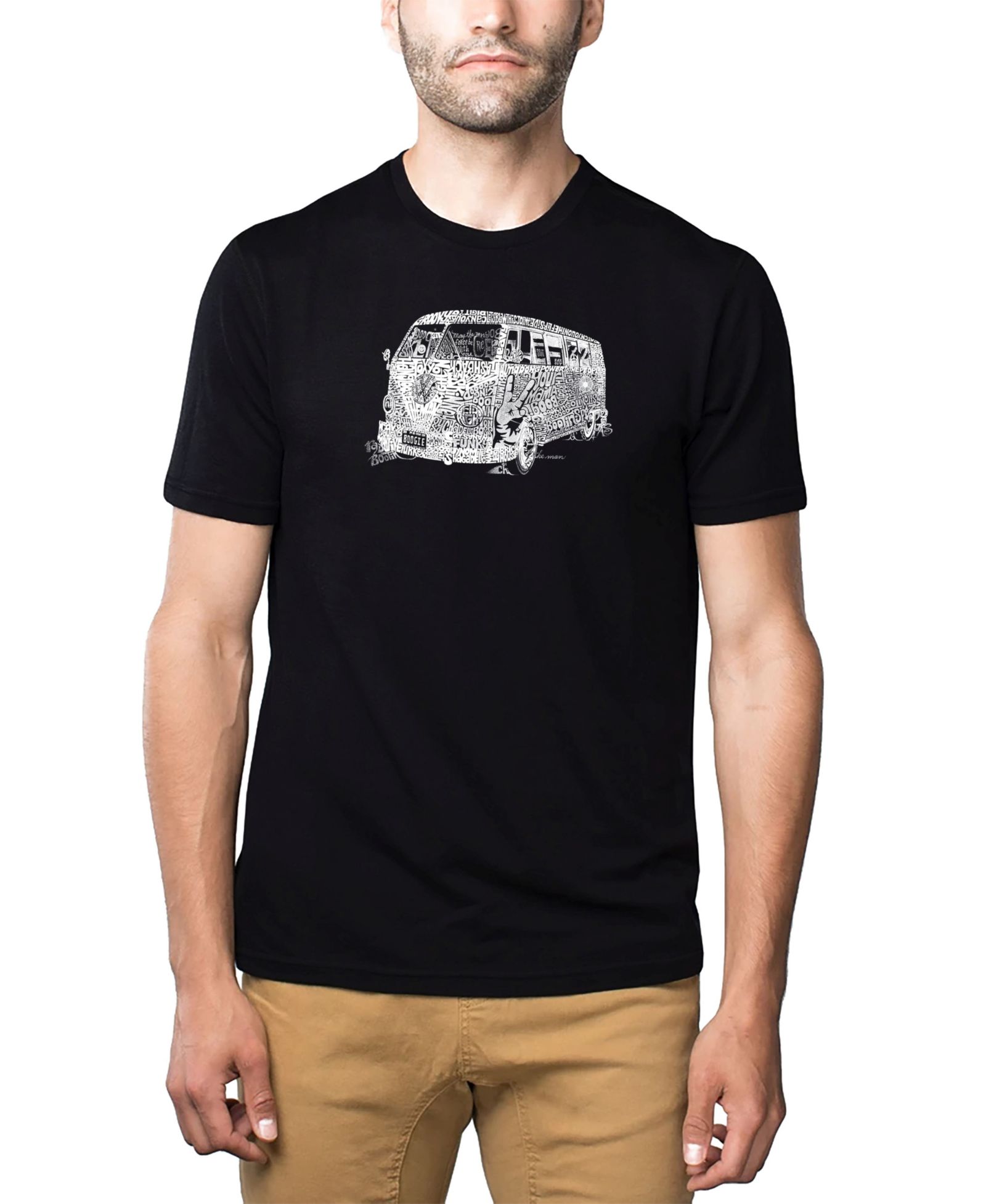LA Pop Art Men's Cotton/Poly Blend Word Art T-Shirt - 70's Bus