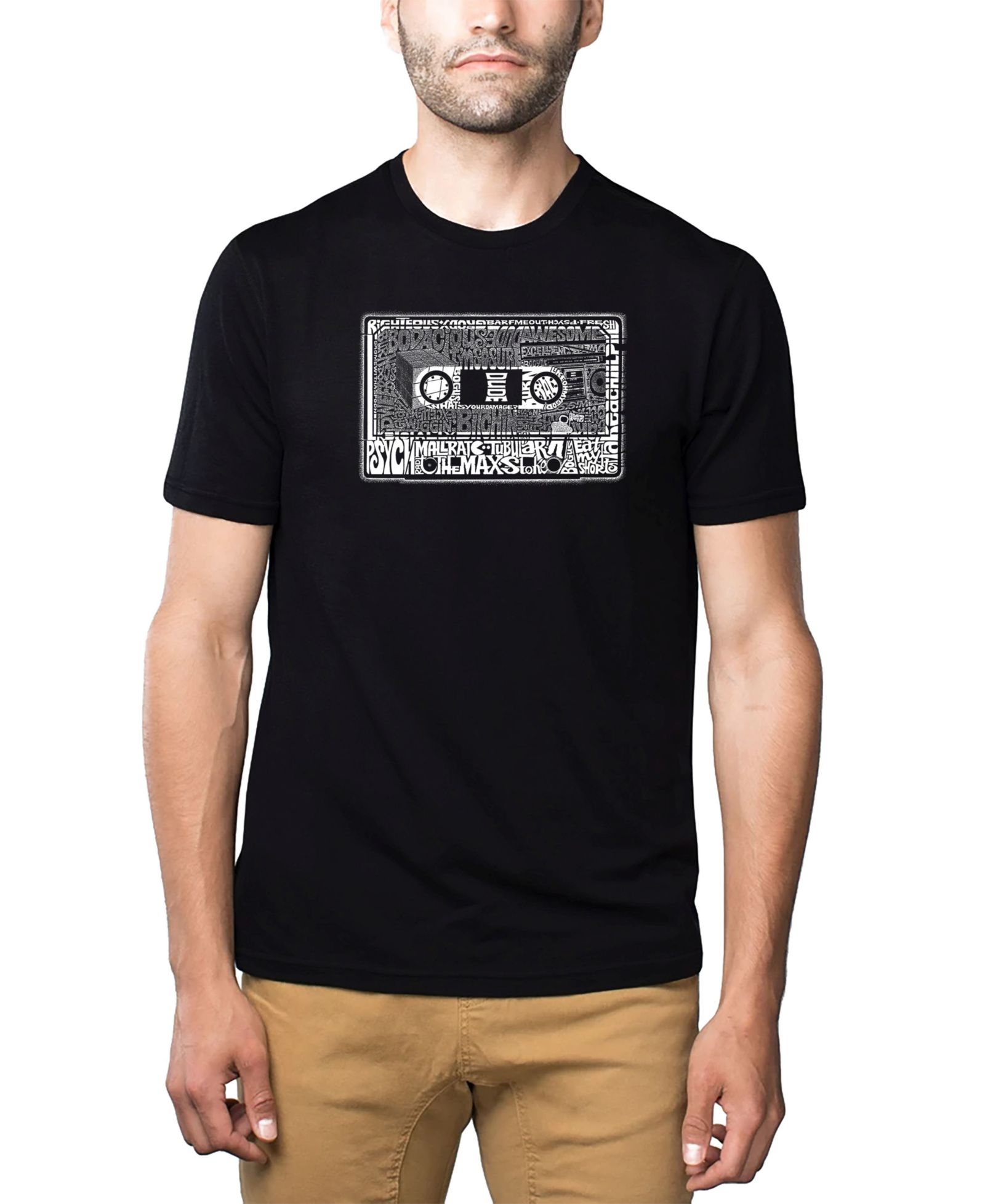LA Pop Art Men's Cotton/Poly Blend Word Art T-Shirt - 80's Cassette