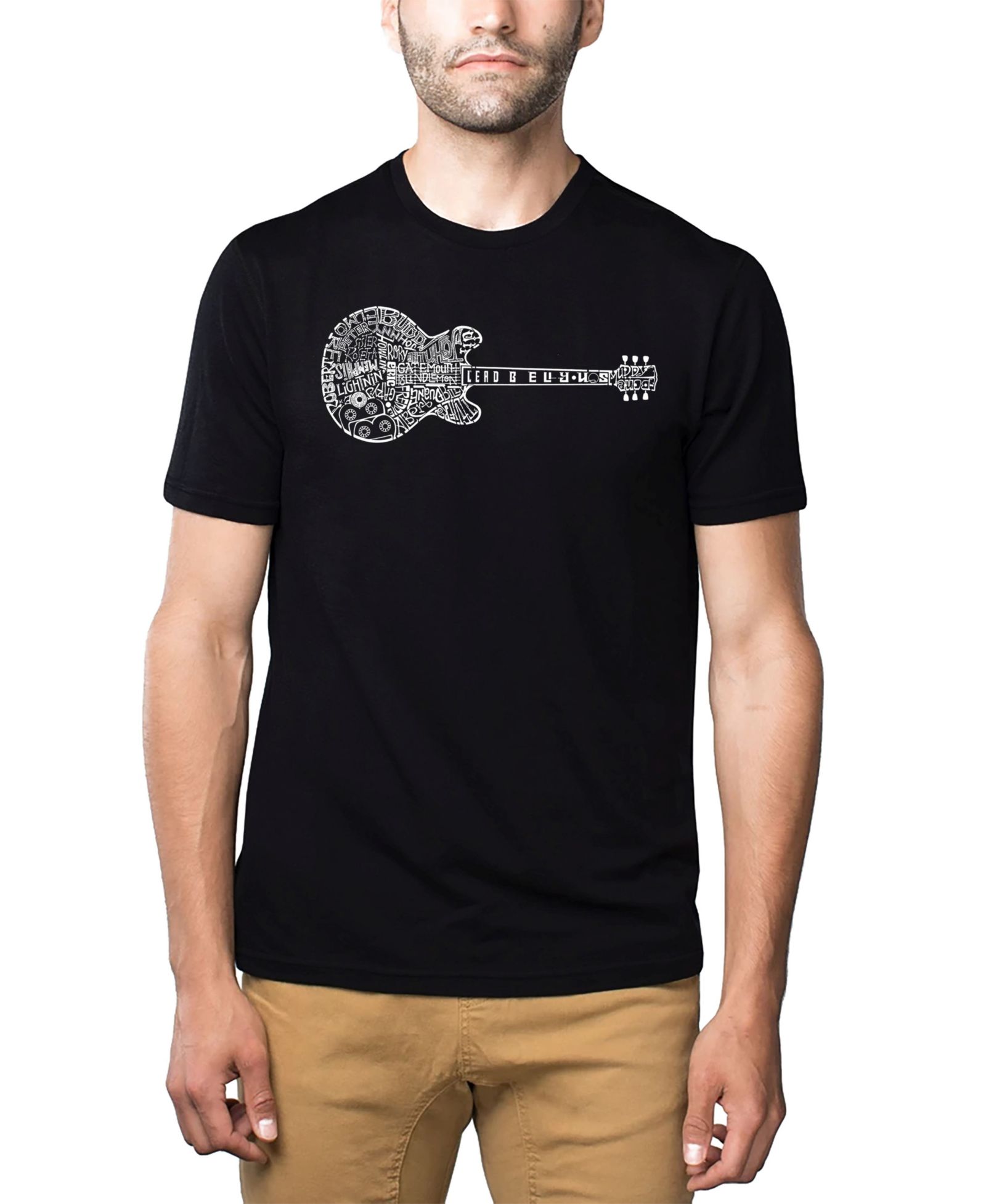 LA Pop Art Men's Cotton/Poly Blend Word Art T-Shirt - Blues Legends Guitar