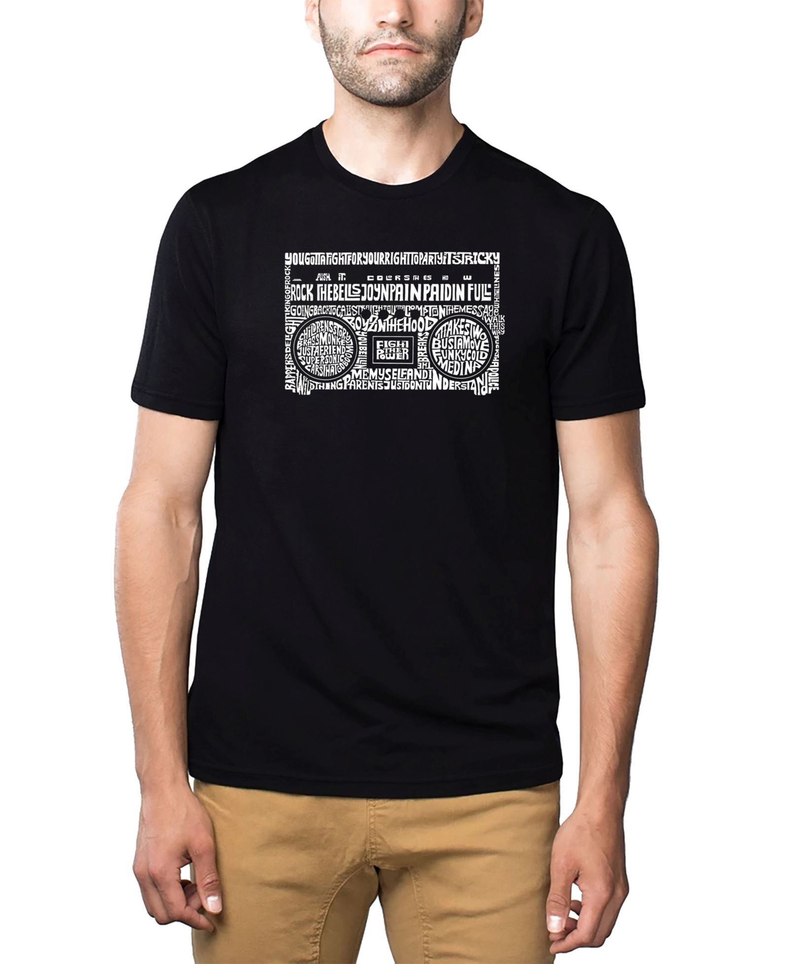 LA Pop Art Men's Cotton/Poly Blend Word Art T-Shirt - Boombox Greatest Rap Hits of The 1980's