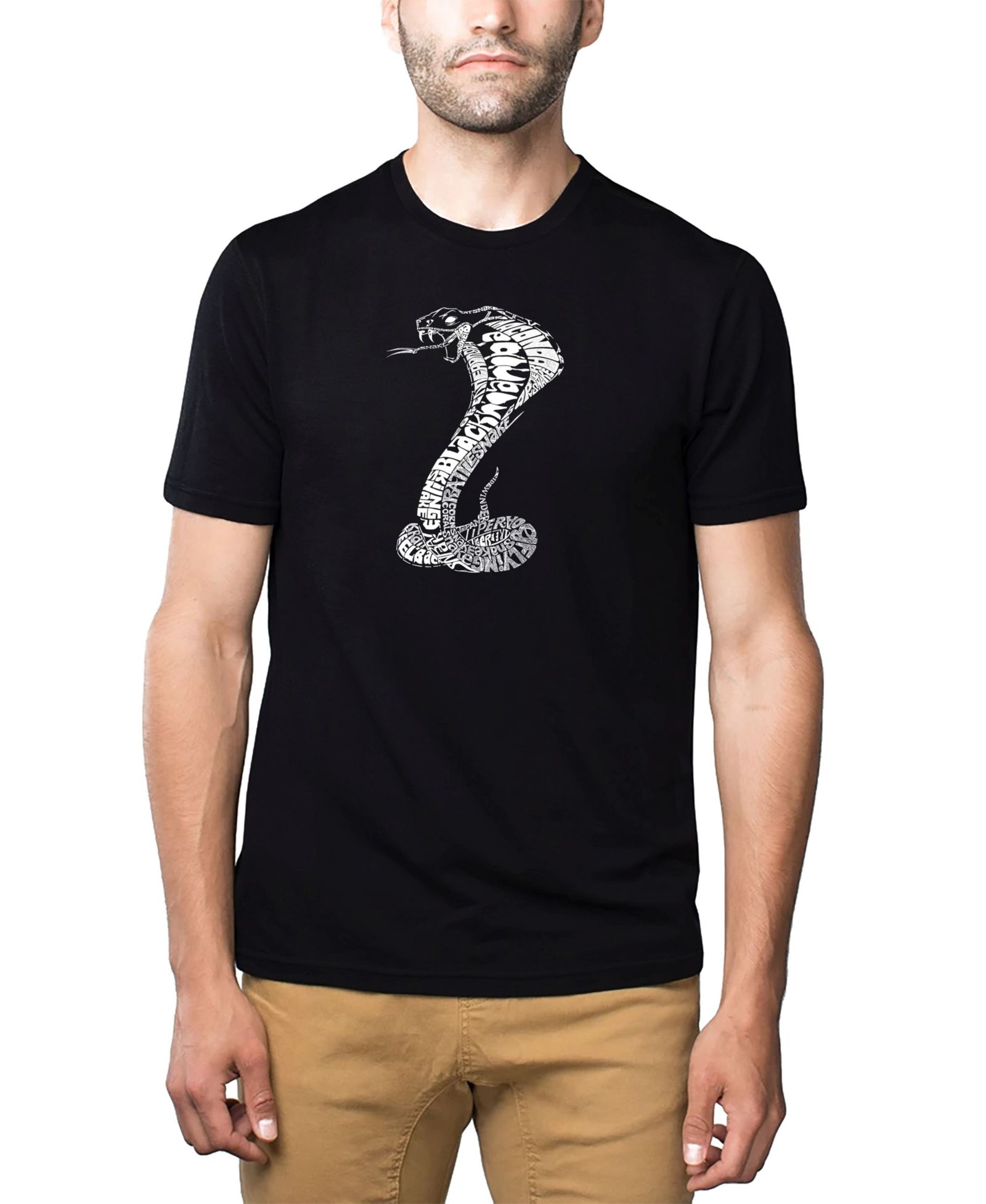 LA Pop Art Men's Cotton/Poly Blend Word Art T-Shirt - Cobra Types of Snakes