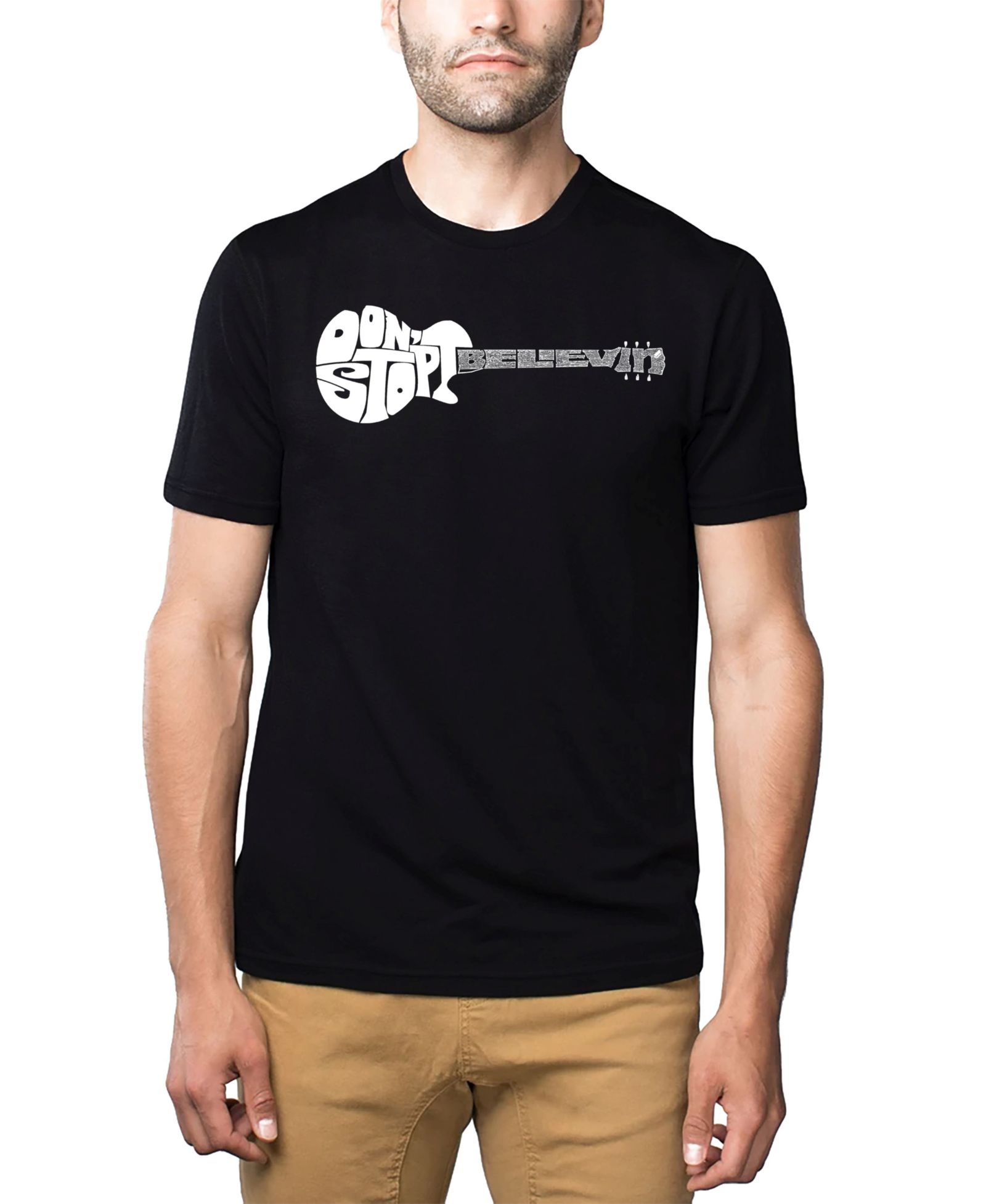 LA Pop Art Men's Cotton/Poly Blend Word Art T-Shirt - Don't Stop Believin' Guitar
