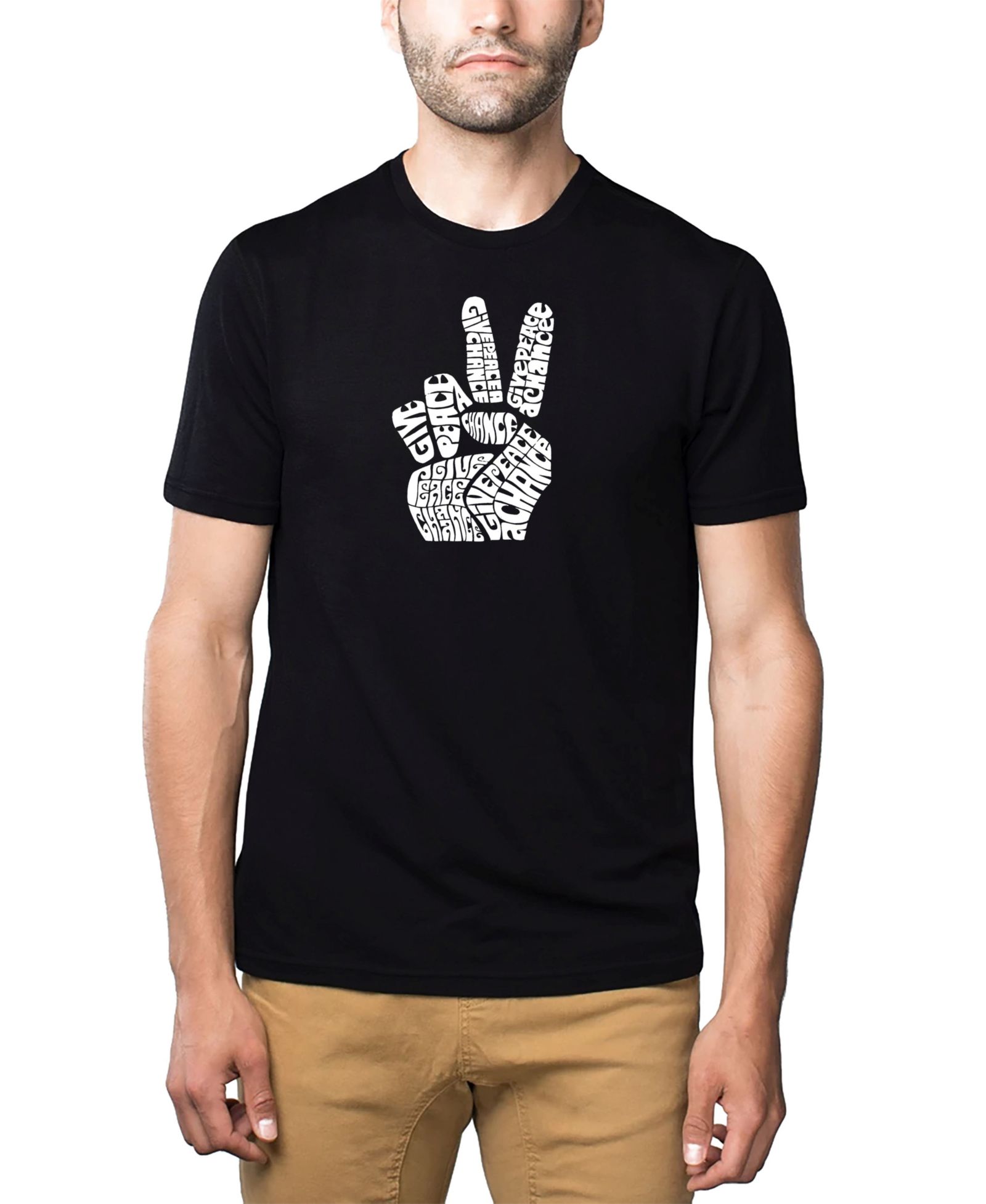 LA Pop Art Men's Cotton/Poly Blend Word Art T-Shirt - Peace Fingers