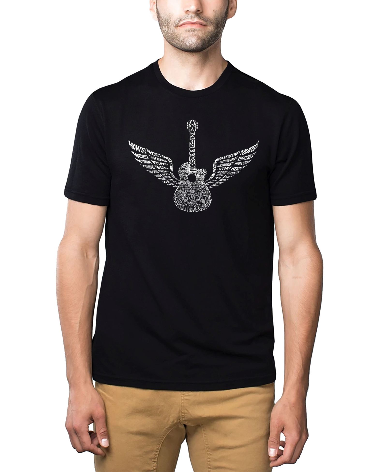 LA Pop Art Men's Cotton/Poly Blend Word Art T-Shirt - Amazing Grace Guitar