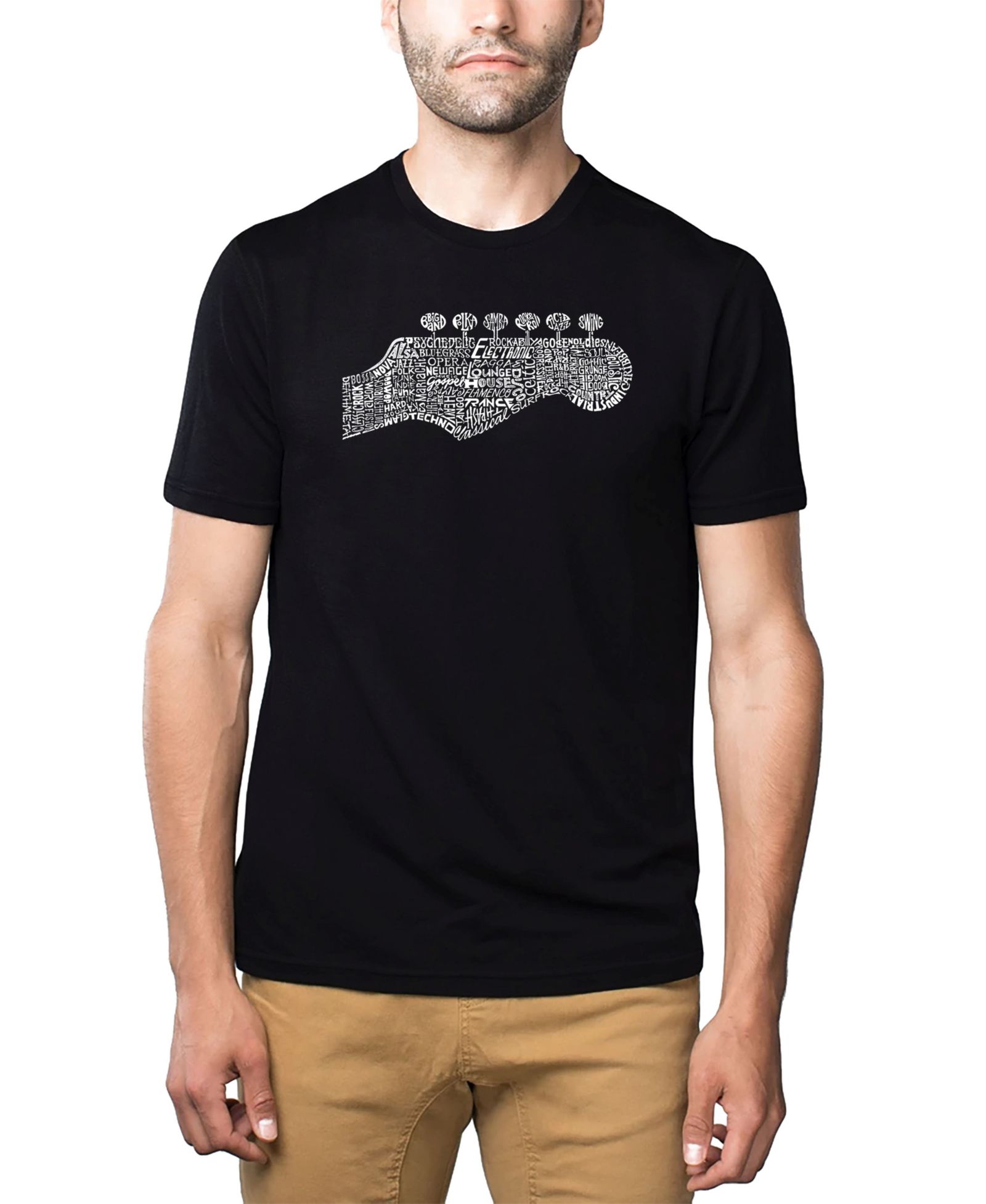 LA Pop Art Men's Cotton/Poly Blend Word Art T-Shirt - Guitar Head