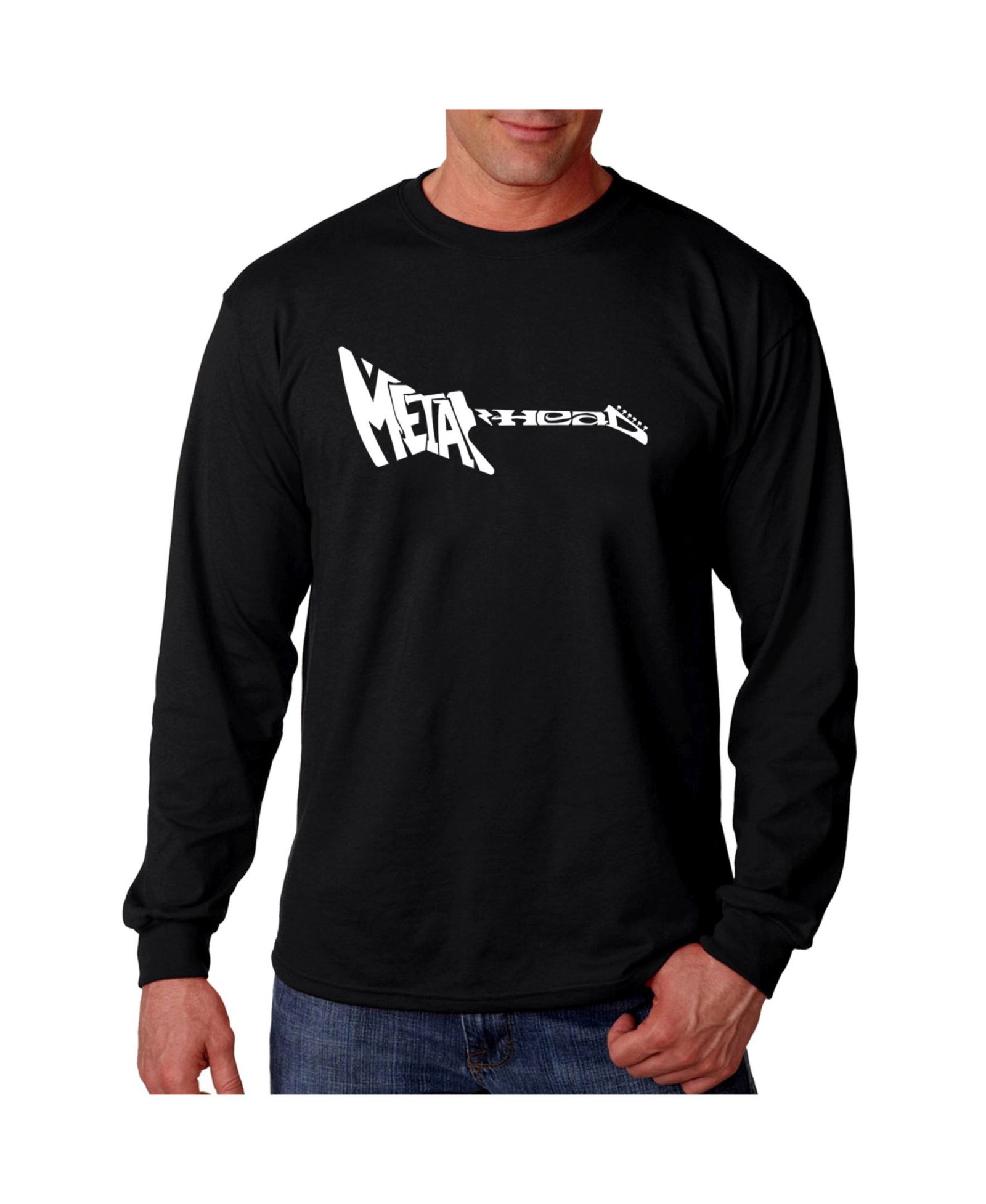 LA Pop Art Men's Word Art Long Sleeve T-Shirt- Metal Head Guitar