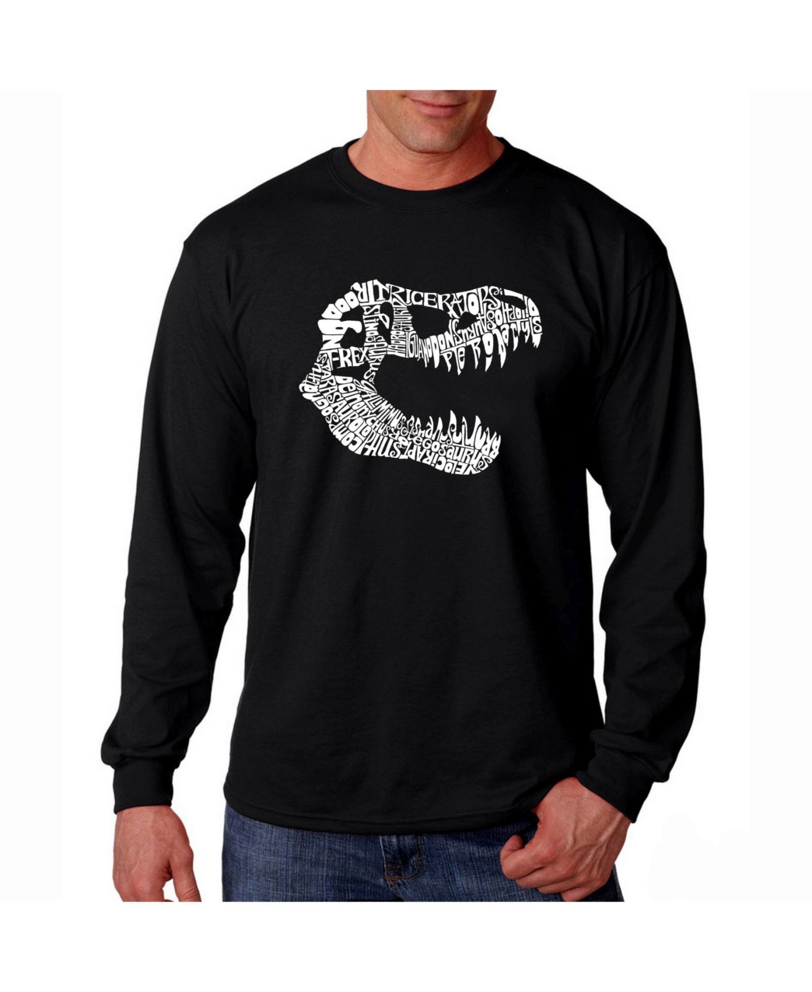 LA Pop Art Men's Word Art Long Sleeve T-Shirt- T-Rex Skull