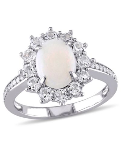 Oval Cut Opal (1 ct. t.w.), White Topaz (1 ct. t.w.) and Diamond (1/10 ct. t.w.) Halo Ring in Sterling Sterling Silver