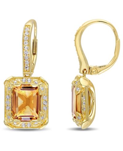 Серьги-подвески Citrine White Topaz и Diamond в 18k Yellow Gold Over Sterling Silver