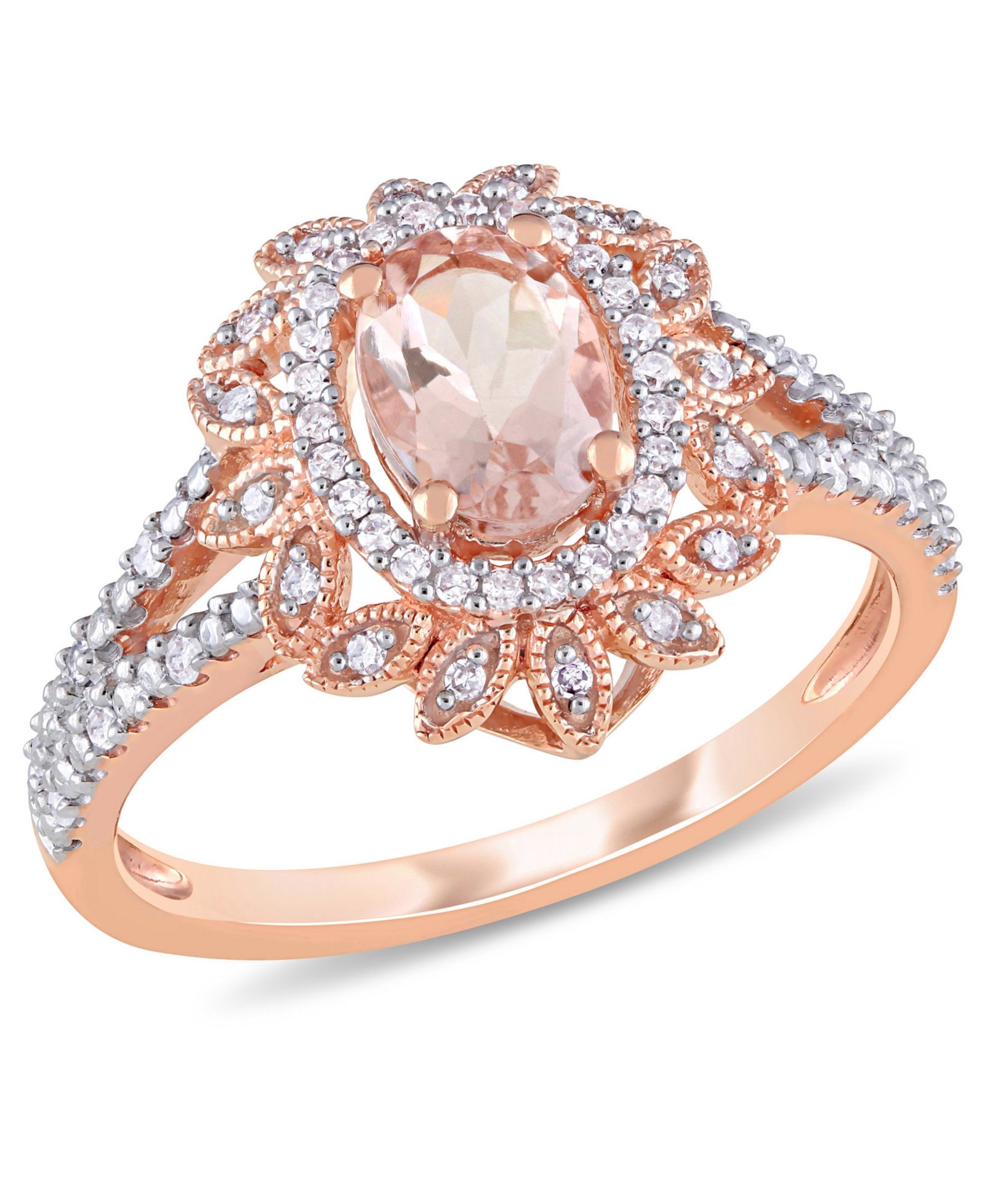 Кольцо с морганитом (3/4 ct. t.w.) и бриллиантом (1/5 ct. t.w.) Floral Halo в 10k Rose Gold