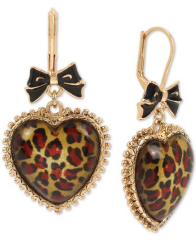 Серьги Betsey Johnson Gold-Tone Leopard Animal-Print Heart Drop