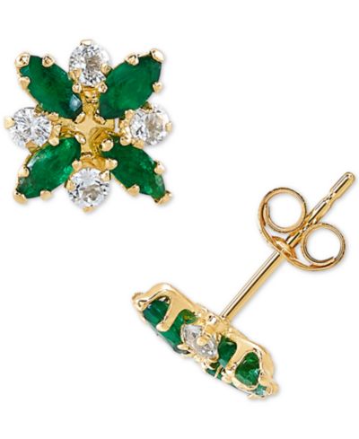Серьги-гвоздики с изумрудом (3/4 ct. t.w.) и белым топазом (1/3 ct. t.w.) в золоте 10k