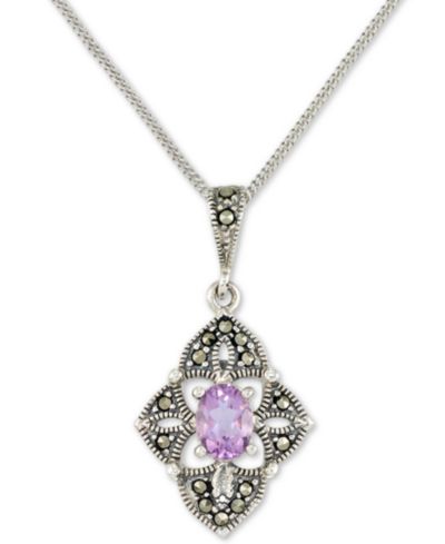 Amethyst (1/2 ct. t.w.) &  Marcasite Flower 18" Pendant Necklace in Sterling Silver