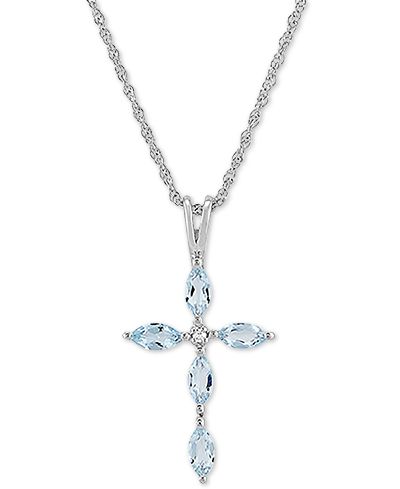 Aquamarine (1/2 ct. t.w.) & Cubic Zirconia 18" Cross Pendant Necklace in Sterling Silver