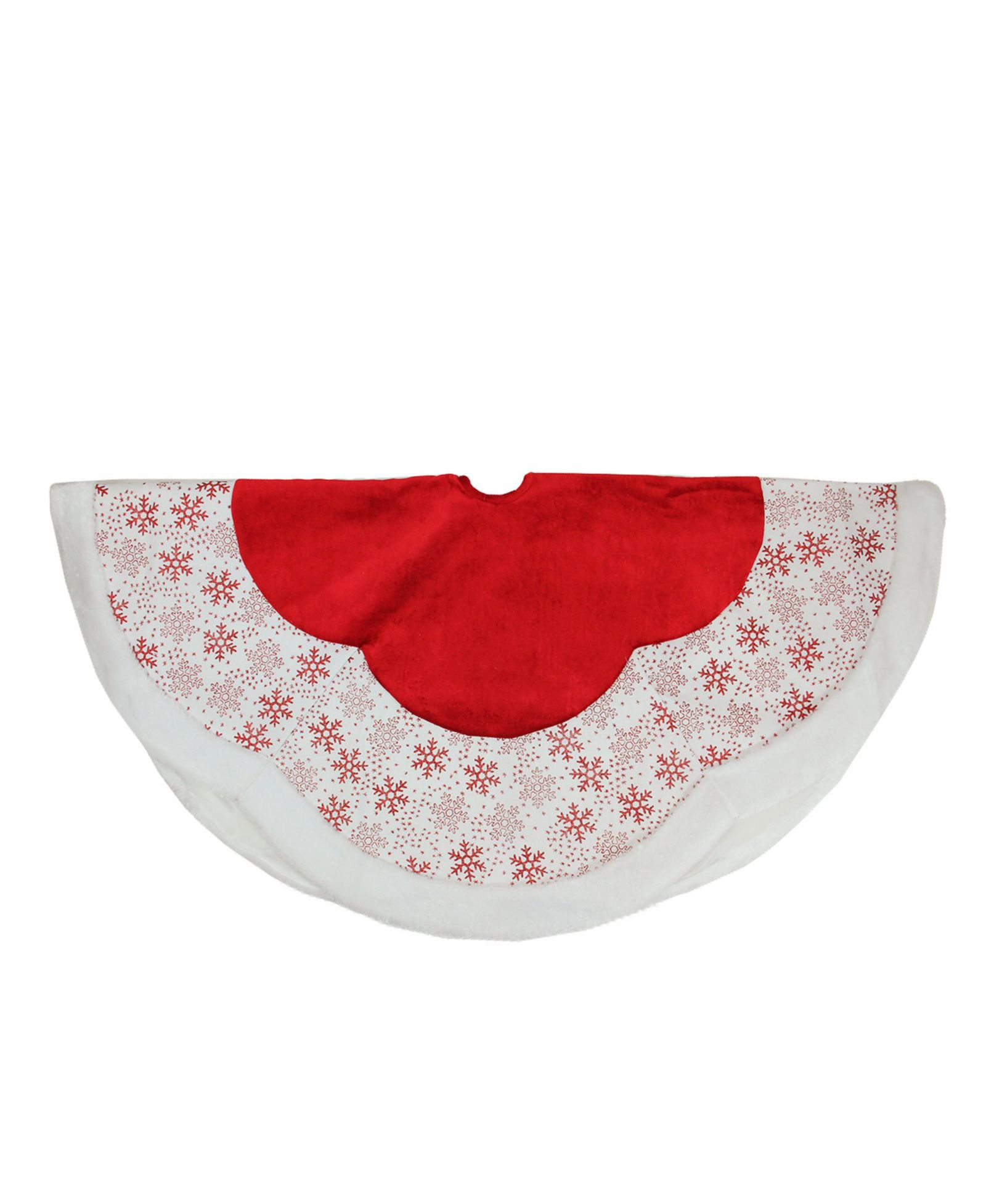 Юбка под елку Northlight 48" Country Cabin Red and White Glitter Snowflake Scallop с меховой каймой