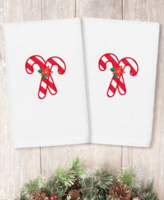 Linum Home Christmas Candy Canes Embroidered 100% Turkish Cotton 2-Pc. Hand Towel Set