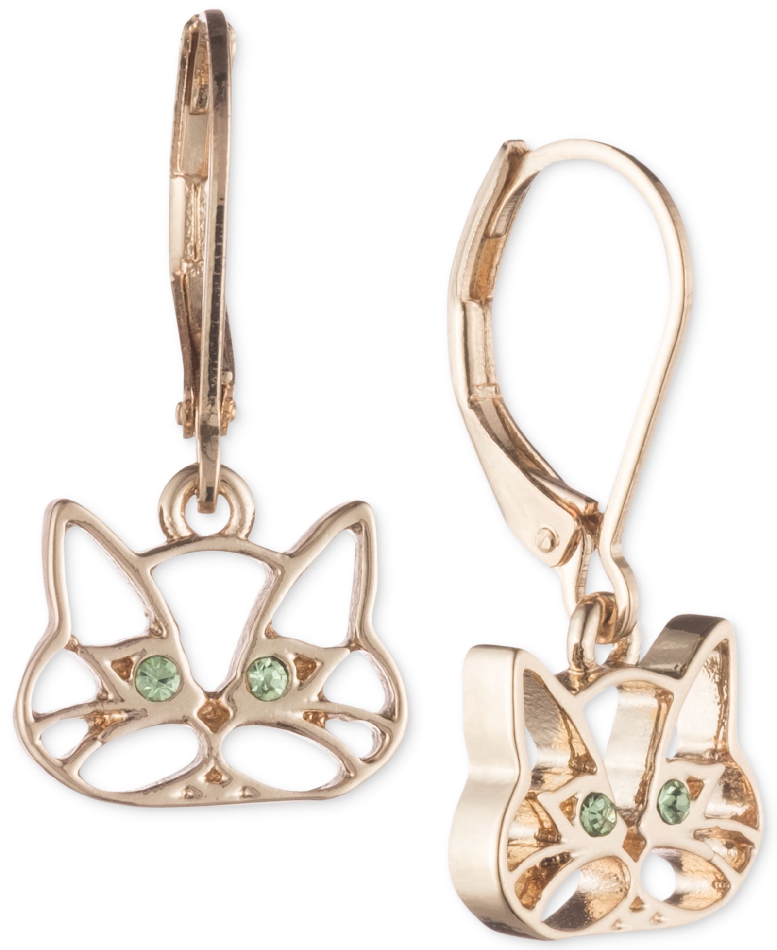 Pet Friends Jewelry Gold-Tone Green Crystal Cat Drop Earrings