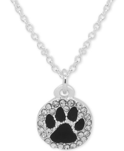 Pet Friends Jewelry Silver-Tone Black Paw Pavé Pendant Necklace, 16" + 3" extender