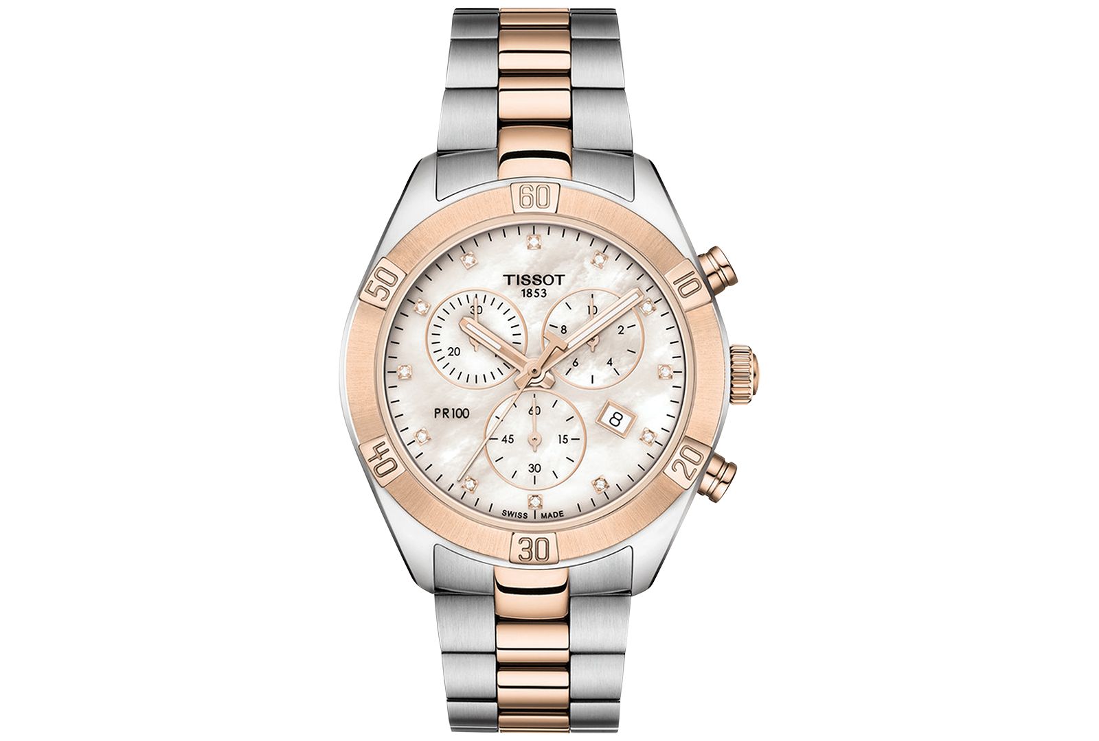 Tissot Женские Swiss Chronograph T-Classic PR 100 Diamond (1/20 ct. t.w.) Two-Tone PVD Stainless Steel Bracelet Watch 38mm
